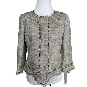 Anne Klein Women's NWT Tan Linen Tweed‎ Silk Animal Print Trim Jacket 6/C36